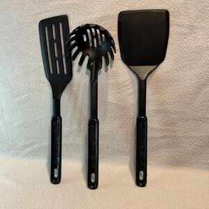 USA Made 3piece Utensils Pasta Spoon Slotted Spatula Turner Flipper Plastic Blck